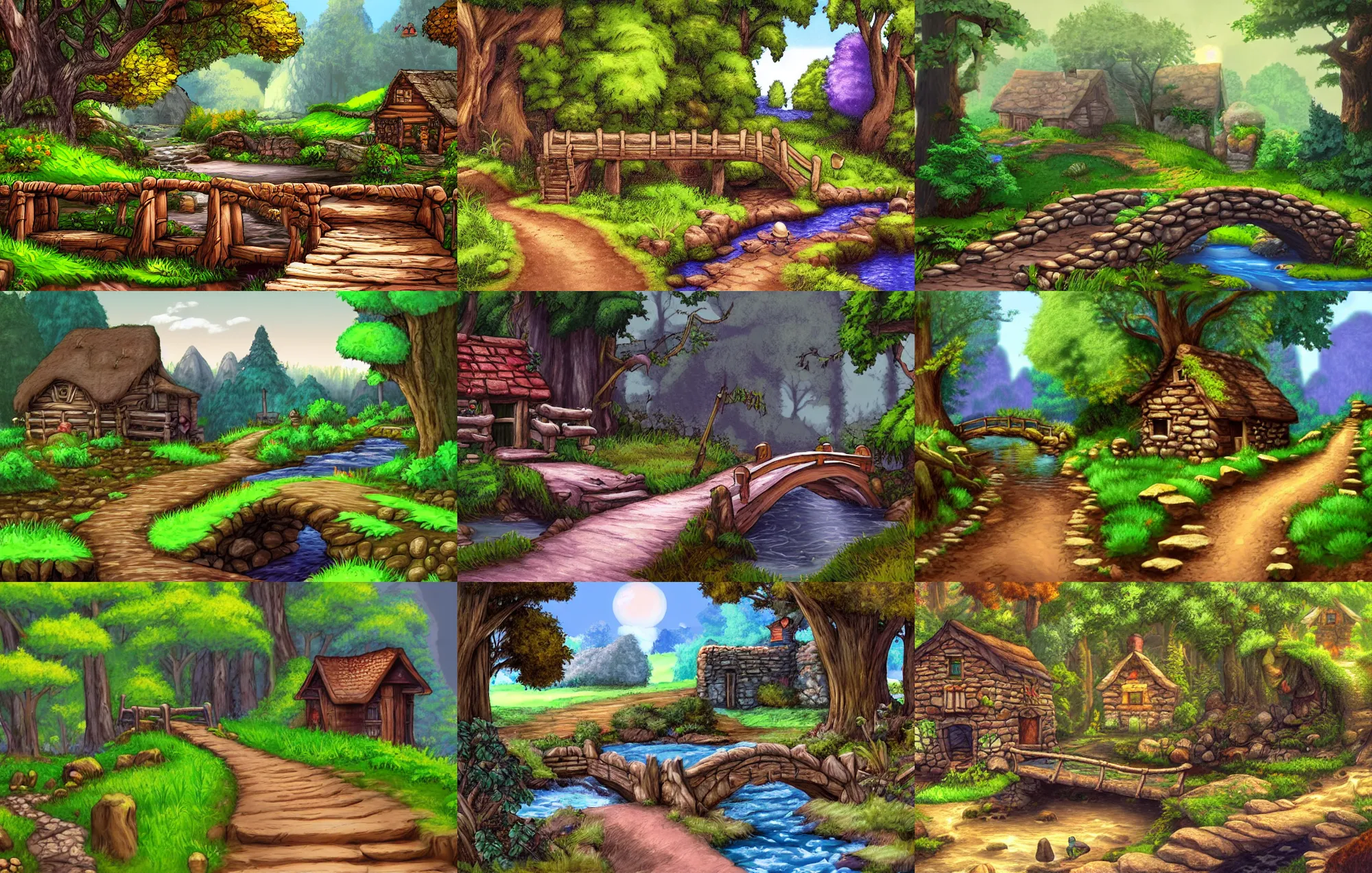 Prompt: a path and small bridge over a brook in front of a cozy rustic house in the middle of a forest, at midday, from a fantasy point and click 2 d graphic adventure game, art inspired by king's quest 6, sierra entertainment games, colorful landscape painting