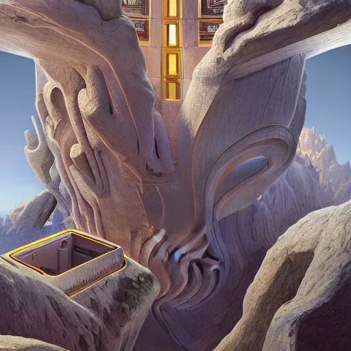 Prompt: modular modernist bauhaus jeff koons style neverending story canyon temple, ultra realistic, concept art, intricate details, serious, highly detailed, photorealistic, octane render, 8 k, unreal engine, art by todd mcfarlane and artgerm and greg rutkowski and alphonse mucha