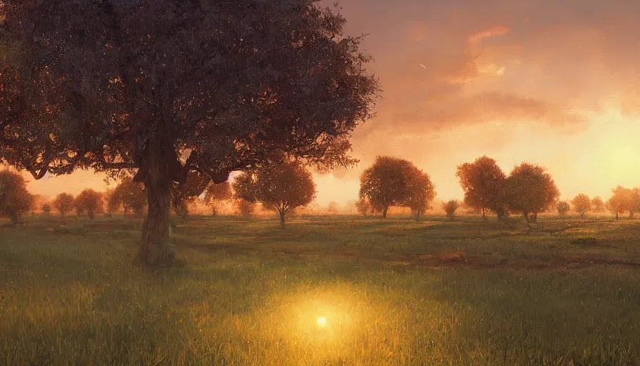 Prompt: cow pasture with fruit trees in sunset, back light, highly detailed, cinematic lighting, highly angle, volumetric, photorealistic, digital art painting by greg rutkowski