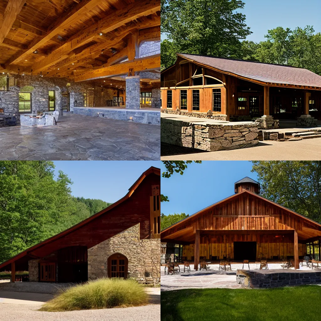 Prompt: photograph of stone and wood barn with patio, entertainment venue barn, designed by Frank Loyd Wright