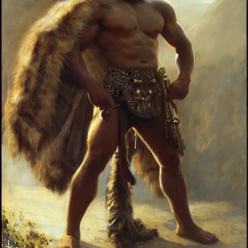 Prompt: handsome portrait of a spartan guy bodybuilder posing, wearing animal fur cape, radiant light, caustics, by gaston bussiere, bayard wu, greg rutkowski, giger, maxim verehin