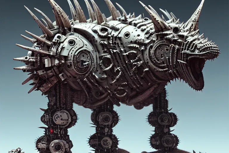 Image similar to spiky triceratops in a cyborg mech suit, by alexandre ferra, zezhou chen, peter gric, mohamed reda and hr giger, hyper detailed, screen print, character concept art, hyperrealism, coherent, octane render, zbrush central, behance hd, hypermaximalist