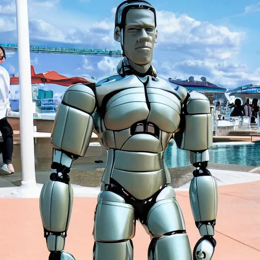 Image similar to a realistic detailed photo of a guy who is an attractive humanoid who is half robot and half humanoid, who is a male android, wrestler john cena, shiny skin, posing like a statue, blank stare, by the pool, on display, showing off his muscles, humanoid robot, frozen ice statue