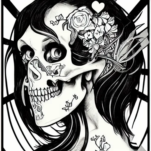 Image similar to anime manga skull portrait girl female profile skeleton astronaut illustration 80s art frank miller dirko and alphonse mucha pop art nouveau