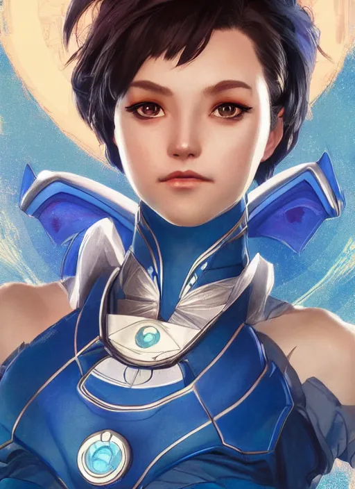 Image similar to symmetry!! portrait of sailor mercury! alien in the style of horizon zero dawn, machine face, intricate, elegant, highly detailed, digital painting, artstation, concept art, smooth, sharp focus, illustration, art by artgerm and greg rutkowski and alphonse mucha, 8 k