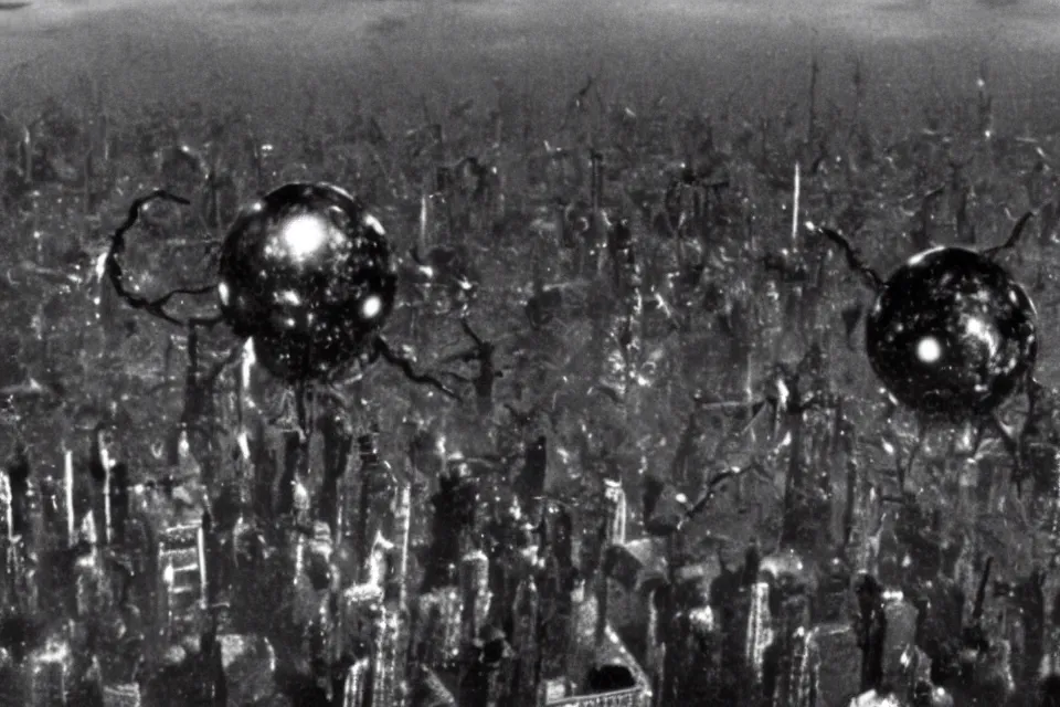 Prompt: still image taken from sci fi horror movie of a giant icosahedral phage attacking a city. low camera angle. 1 9 6 0.