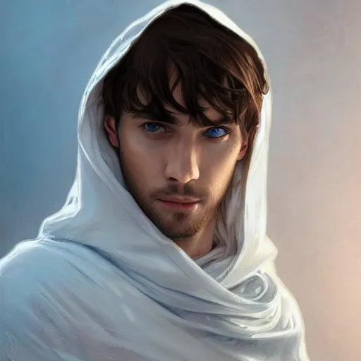 Prompt: ultra realistic illustration, a young man in a white hood, with brown hair, with blue eyes, intricate, elegant, highly detailed, digital painting, artstation, concept art, smooth, sharp focus, illustration, art by artgerm and greg rutkowski and alphonse mucha