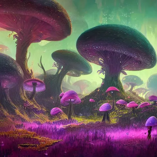 Image similar to concept art painting of a fantasy alien fungal landscape at night, magenta trees, glowing blue mushrooms, dark purple sky, realistic, detailed, cel shaded, in the style of makoto shinkai and greg rutkowski and albert bierstadt and james gurney