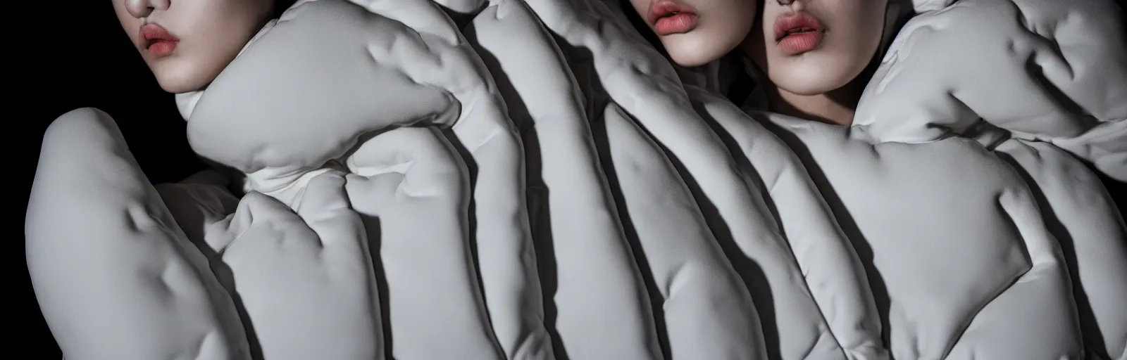 Image similar to well lit fashion shoot portrait of extremely beautiful female marble statue wearing huge over size puffer jacket by dingyun zhang, yeezy, balenciaga, vetements, a cold wall, sharp focus, clear, detailed,, cinematic, detailed, off white, glamourous, symmetrical, vogue, editorial, fashion, magazine shoot, glossy