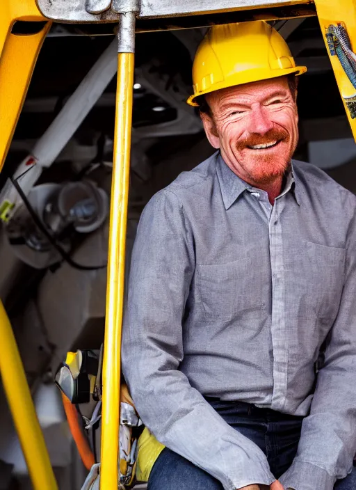 Prompt: closeup portrait of cheerful bryan cranston operating a crane, sitting in a crane, yellow hardhat, sitting in a crane, natural light, bloom, detailed face, magazine, press, photo, steve mccurry, david lazar, canon, nikon, focus