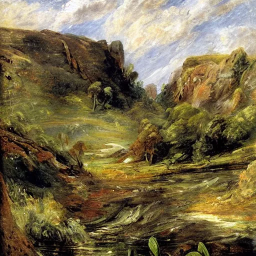 Prompt: detailed painting of a lush natural scene on an alien planet by john constable. beautiful landscape. weird colourful vegetation. cliffs and water.