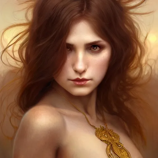 Image similar to brown haired demoness, full body portrait, gentle, female, city landscape, norway, d & d, fantasy, intricate, elegant, highly detailed, digital painting, brown and gold color palette, artstation, octane render, concept art, matte, sharp focus, illustration, herrarthstone, art by artgerm and greg rutkowski and alphonse mucha