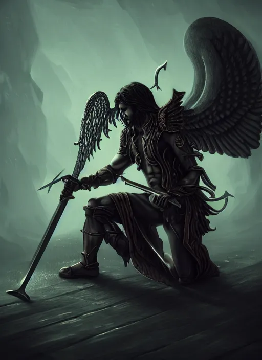 Image similar to fantasy art, fallen man angel kneeling with a sword and shield and wings, close-up, bokeh. dark art masterpiece artstation. 8k, sharp high quality illustration in style of Jose Daniel Cabrera Pena and Leonid Kozienko, Tooth Wu, studio lighting