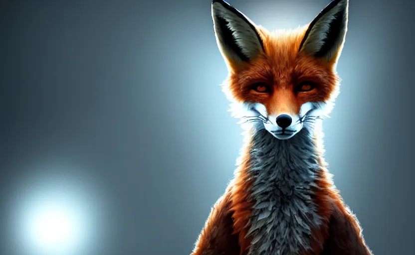 Image similar to a slightly menacing fox. daylight. sunlight. lens flare. light fixtures. art in atompunk style. 8K. detailed. photorealism. artstation. ultra realistic