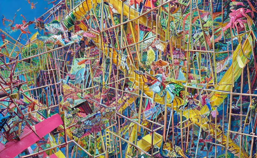 Image similar to chutes and ladders. detailed abstract acrylic painting by bordalo ii, by mc escher, by raqib shaw, japanese popsurrealism,