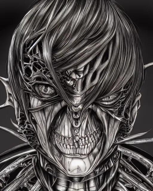 Image similar to light yagami by yoshitaka amano, by hr giger, biomechanical, 4 k, hyper detailed, hyperrealism, anime