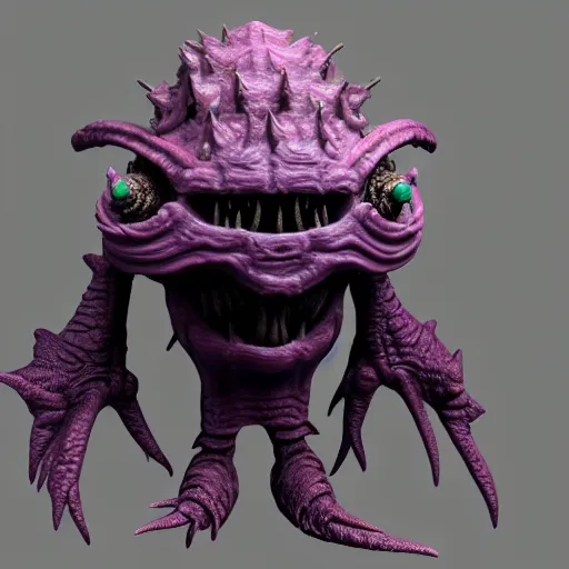 Prompt: of 3 d render, realistic, skin details, an evil beholder creature from d & d