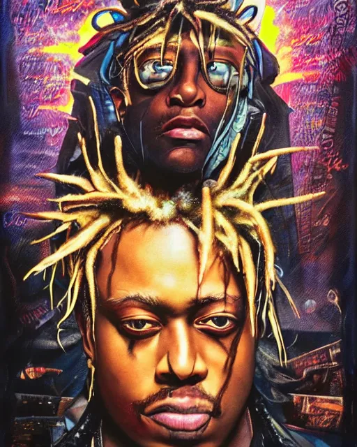 Prompt: juice wrld in dystopian twisted metal post apocalpytic, airbrush, drew struzan illustration art, key art, movie poster