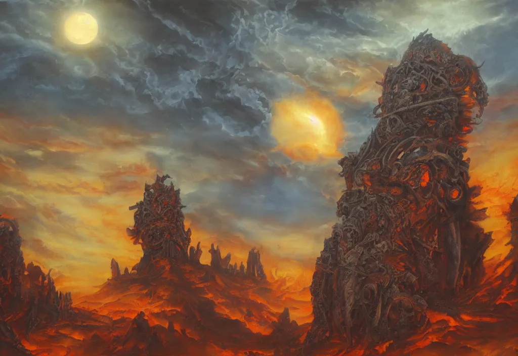 Image similar to shadow of the tyrant Sun above the ruins of the old kingdom red sun dead sky necromantic solar mythos, award winning oil painting, dead mythos palette