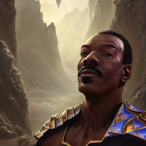 Image similar to eddie murphy as teferi, in the style of magic the gathering, glacier landscape, d & d, fantasy, intricate, elegant, highly detailed, digital painting, artstation, concept art, matte, sharp focus, illustration, art by artgerm and greg rutkowski and alphonse mucha