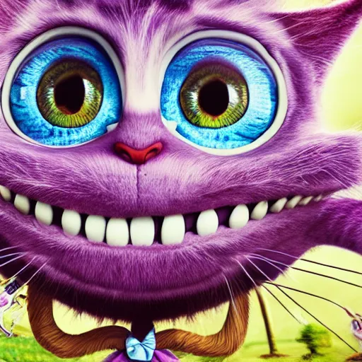 Image similar to the cheshire cat grinning, alice in wonderland, pixar, highly detailed intricate painting, long shot, 3 5 mm camera wide angle, cinematic