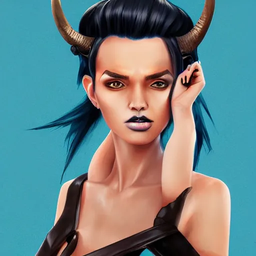 Image similar to illustrated realistic portrait of ram-horned devil woman with blue bob hairstyle and her tan colored skin and with solid black eyes wearing leather by rossdraws