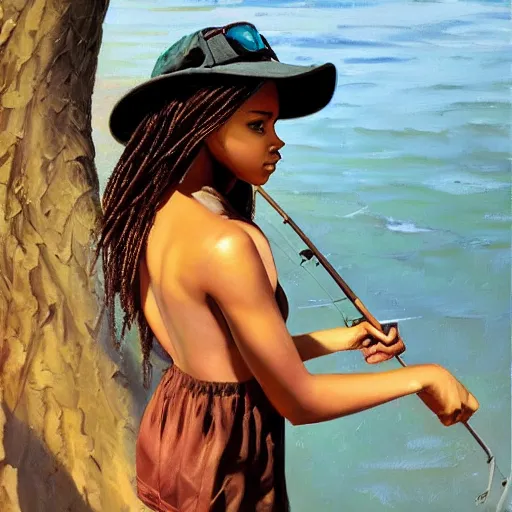 Image similar to oil painting by ilya kuvshinov,, baugh casey, artgerm craig mullins, coby whitmore, of a youthful black girl, long hair, fishing and wearing fisherman's outfit, fisherman's hat, highly detailed, breathtaking face, studio photography, noon, intense bounced light, water reflection, large tree casting shadow, serine intense sunlight