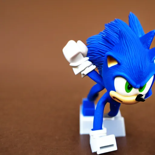 Image similar to sonic the hedgehog as a lego minifigure, high quality digital photography
