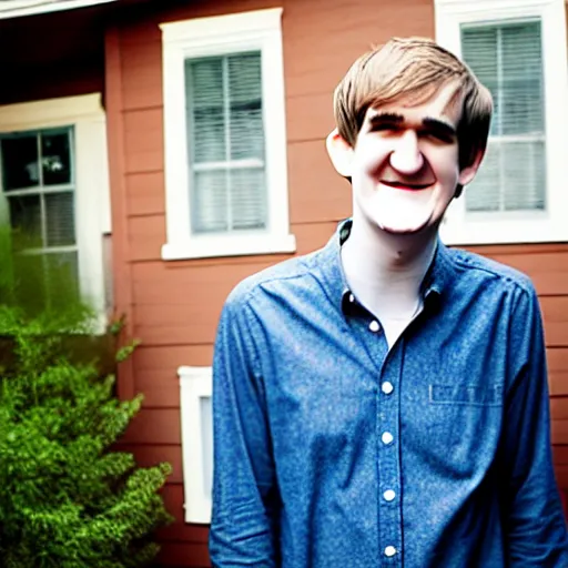 Image similar to bo burnham outside of his house, smiling and dancing