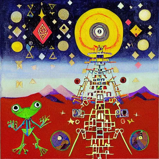 Image similar to pixel decollage painting tarot lovers card composition tower of babel road red armor maggot bear and wonky alien frog skeleton knight on a horse in a dark red cloudy night sky with golden foil jewish stars, occult symbols and diamonds, mountain lake and blossoming field in background, painted by Mark Rothko, Helen Frankenthaler, Danny Fox and Hilma af Klint, pixelated, neo expressionism, semi naive, pastel colors, cinematic, color field painting, cave painting, voxel, pop art look, outsider art, minimalistic. Bill Traylor painting, part by Philip Guston and Francis Bacon. art by Adrian Ghenie, very coherent symmetrical artwork, cinematic, hyper realism, high detail, octane render, unreal engine, Smooth gradients, depth of field, full body character drawing, extremely detailed, 8k, extreme detail, intricate detail, masterpiece