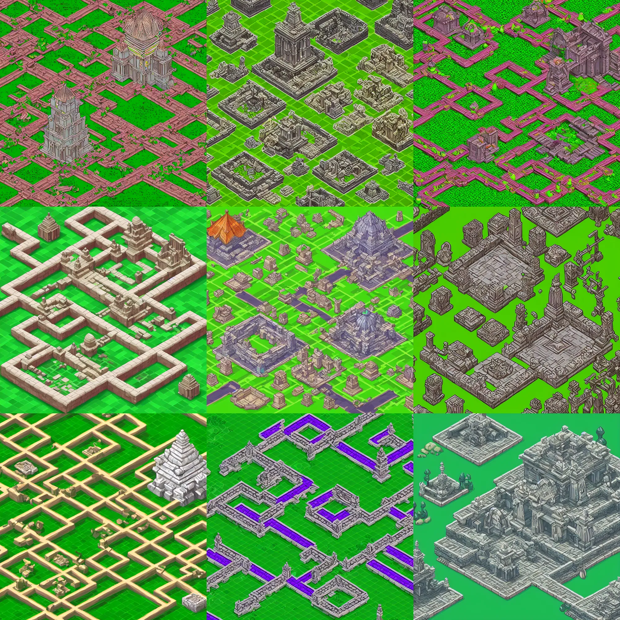Prompt: a temple, isometric game tile, high detail, 8 k colored lineart, game asset, centered, green background
