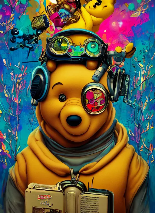 Prompt: beautiful portrait of Lofi cyberpunk Winnie the Pooh, by Tristan Eaton, Stanley Artgermm, Tom Bagshaw, Greg Rutkowski, Carne Griffiths. trending on DeviantArt, face enhance, hyper detailed, trending on Artstation, 8k, masterpiece, graffiti paint, fine detail, full of color, intricate detail, golden ratio illustration