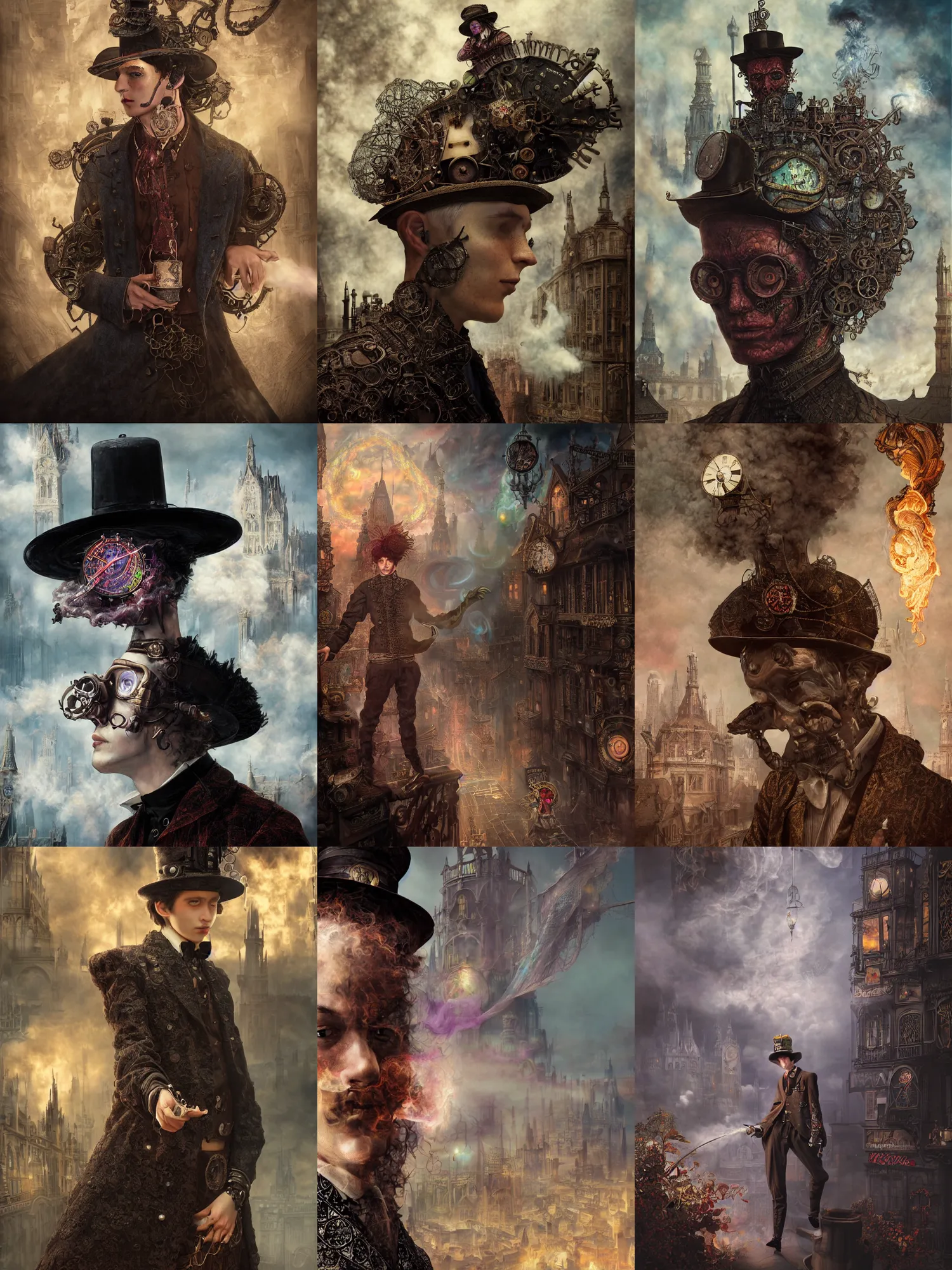 Prompt: a young man, evil wizard, victorian steampunk city vista, hyperrealism, octane render, extremely detailed, intricate colorful cosmic smoke magic, lace, style of mark ryden, earl nore, hyung tae, frank frazetta