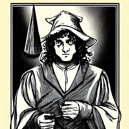 Image similar to frodo baggins wearing the sorting hat, in hogwarts, cinematic