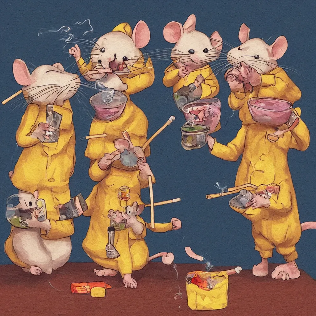 Prompt: happy mice smoking a bong and eating candy, golden hour, ultra realistic