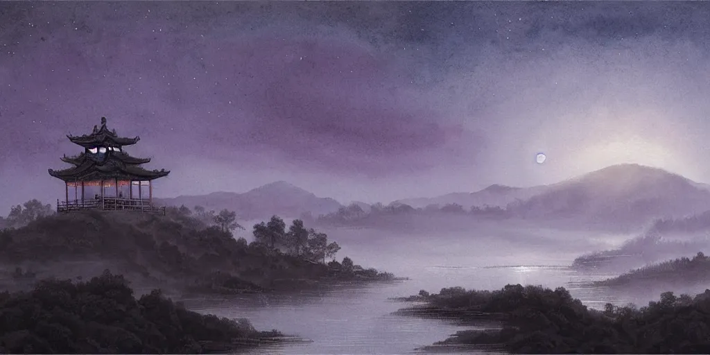 Prompt: a beautiful water color and ink painting of a large landscape, with a chinese temple, streams and rocks, moon disc, stars in the sky, at dawn, emerging sun and hills on the horizon some light fog by lee madgwick and wlop, trending on artstation, more dark purple color scheme, cinematic lights, fireflies