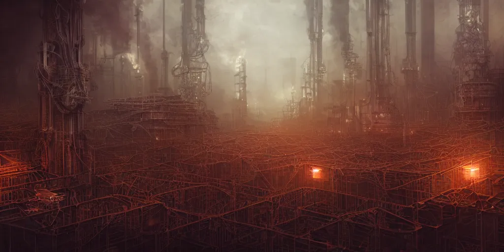 Image similar to futuristic dystopian endless, intricate, complex, labyrinthine, byzantine, tangled, industrial megafactory complex, smokestacks, pipelines and ducts and vents, matte painting, steampunk, smoke, night, gloomy, dark, dramatic, cinematic, volumetric lighting, gods eye view