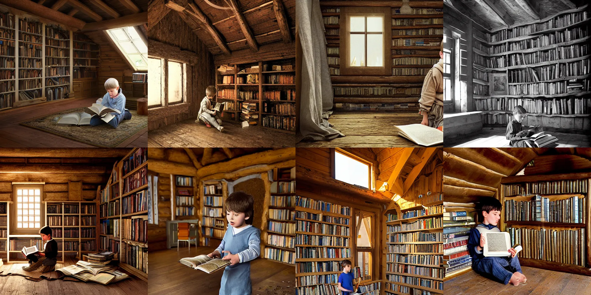 Prompt: cinematic rendering of a young boy wearing simple medieval clothing reading a book in a shoddy medieval log cabin full of books; motes of dust can be seen in the sunlight filtering through gaps in the roof; the books are scattered without any apparent organization in piles and shelves everywhere with barely the space to walk around; not that there are that many books, the place is just really small