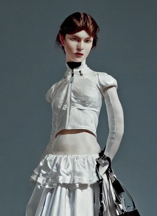 Image similar to an early 0 0's digital portrait of a beautiful girl detailed features wearing a wedding dress with a puffy skirt utility - chic trend. lots of zippers, pockets, synthetic materials, jumpsuits. by balenciaga and issey miyake by ichiro tanida and armin vit