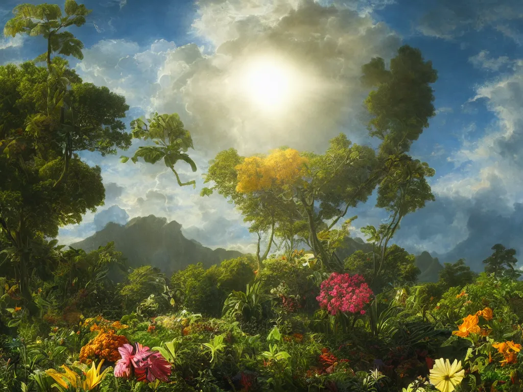 Image similar to sunlight study, the universe is a spheroid region 7 0 5 meters in diameter of kauai wildflower undergrowth, art nouveau, by jan davidz de heem and ( ( ( ( ( lisa frank ) ) ) ) ), 8 k, sharp focus, octane render