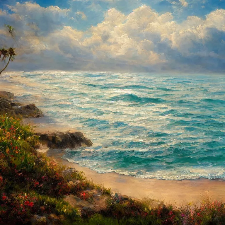 Image similar to a beautiful masterpiece painting of a coastal beach seascape in spring with by juan gimenez, award winning, trending on artstation,