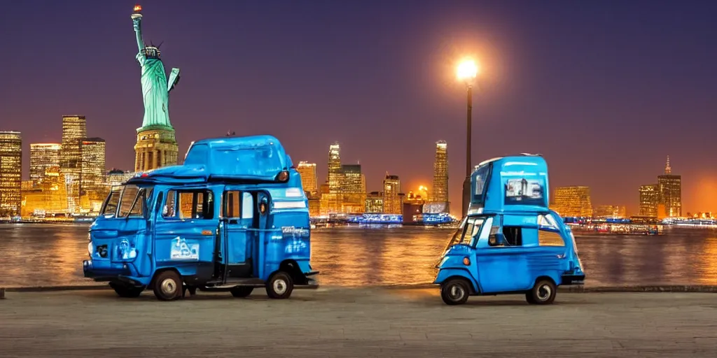 Image similar to a blue tuk tuk with the statue of liberty in the background, night