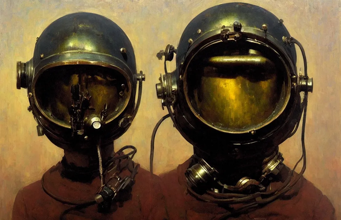 Image similar to portrait of deep sea diver helmet!!!!!!!!!!!!!!!!!!!!!!!!!!!, detailed face, detailed painting, epic lighting, by ilya repin, phil hale and kent williams