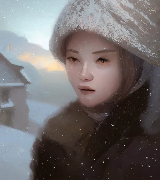 Image similar to face portrait of a beautiful girl in a coat, close portrait, snow - covered small house in a background, night, stars in the sky, the milky way in the sky, winter landscape, painting by craig mullins, octane rendering, wide angle lens, in the style of hayao miyazaki, trending on artstation,