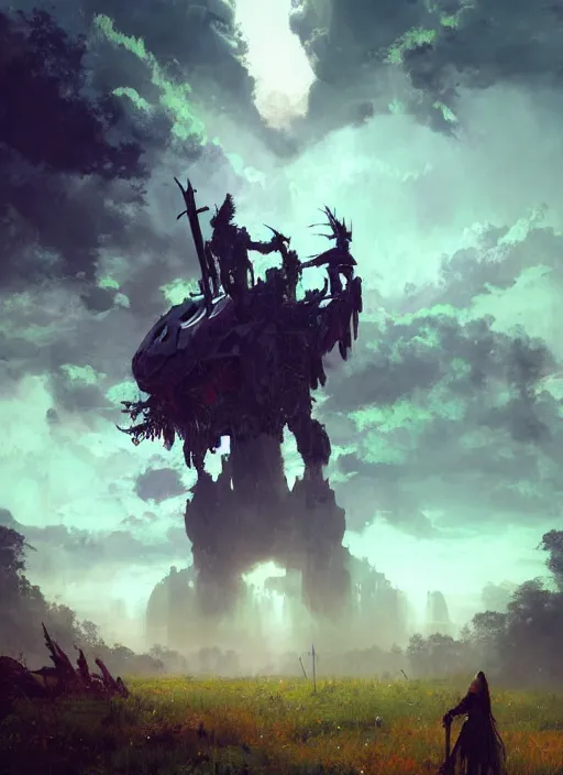 Prompt: !dream Environmental Art, Horizon Zero Dawn, archer, atmospheric environment, Character Design, demonic presence, Holy Heavenly Host Divine Angelic Army. Beeple, grimshaw, thomas cole, ismail inceoglu, winslow homer, greg rutkowski, gerald brom, marc simonetti, simon stalenhag, anton fadeev, donglu yu