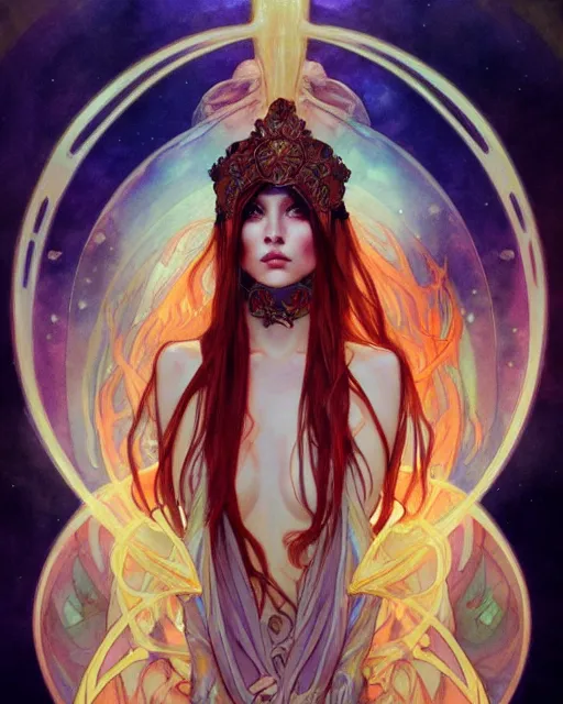 Image similar to Water priestess cloaked in ethereal fire and smoke, watercolor portrait by artgerm and alphonse mucha, anato finnstark, artstation, deviantart