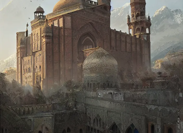 Prompt: Abandoned Jamia Masjid downtown Srinagar in mountains of Kashmir, a fantasy digital painting by Greg Rutkowski and James Gurney, trending on Artstation, highly detailed