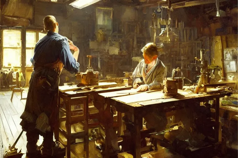 Image similar to oil painting of craftsman buidling a piece of furniture in their workshop, art by anders zorn, wonderful masterpiece by greg rutkowski, beautiful cinematic light, american romanticism by greg manchess, jessica rossier and norman rockwell