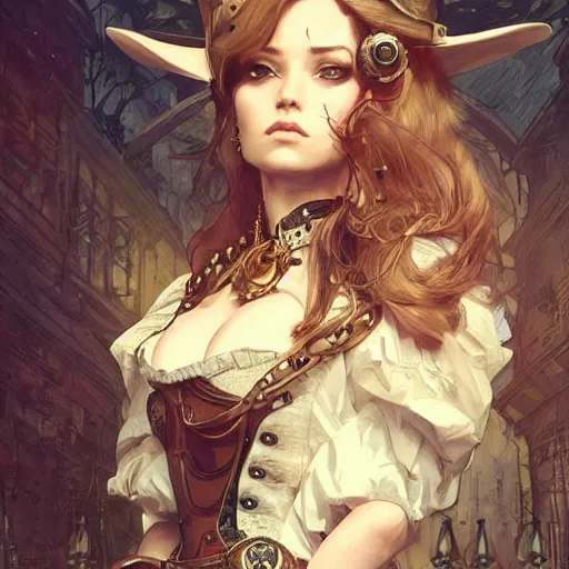 Prompt: outlaw rabbit wearing steampunk costume, fantasy, intricate, very very beautiful, elegant, highly detailed, digital painting, artstation, concept art, smooth, sharp focus, illustration, art by artgerm and greg rutkowski and alphonse mucha