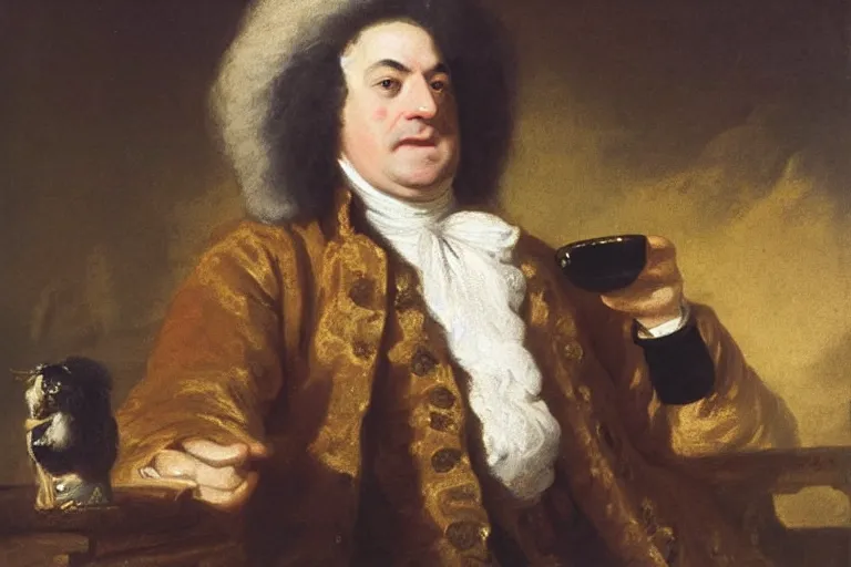 Prompt: Samuel Johnson sipping a tiny gold cup, meme, Sir Joshua Reynolds, 1775 oil painting, trending, /r/funny